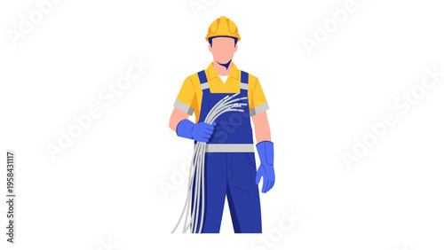 Engineer's Precision: A skilled engineer, clad in protective gear, meticulously handles a bundle of wires, symbolizing the intricate world of technology and infrastructure. 