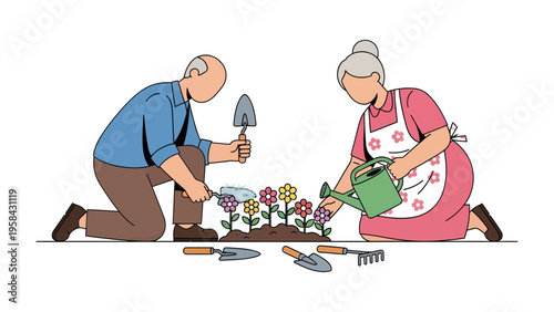 Gardening Together: An elderly couple tends to their garden with care, enjoying the therapeutic act of planting and nurturing colorful flowers.