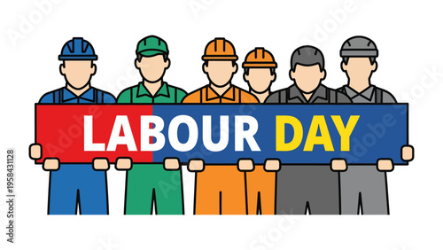 Labor Day Celebration: A group of construction workers, united in solidarity, hold up a banner proudly proclaiming Labor Day, honoring the hard work and dedication of the workforce.