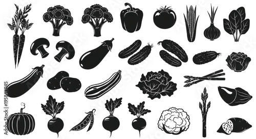 Vegetable Silhouette Icon Set, Fresh Organic Produce Black Vector Collection