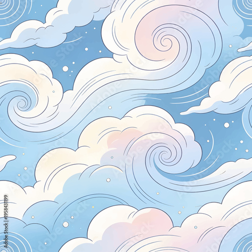 Seamless pattern with stylized fluffy clouds and swirls in a pastel color palette of light blue pink and yellow on a dotted sky background whimsical design for textiles wallpaper or web use
