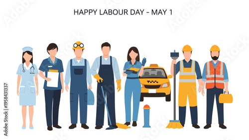 Labor Day: Tribute to the workforce. A vibrant illustration of diverse professionals representing various industries, united in their contribution to society. 

