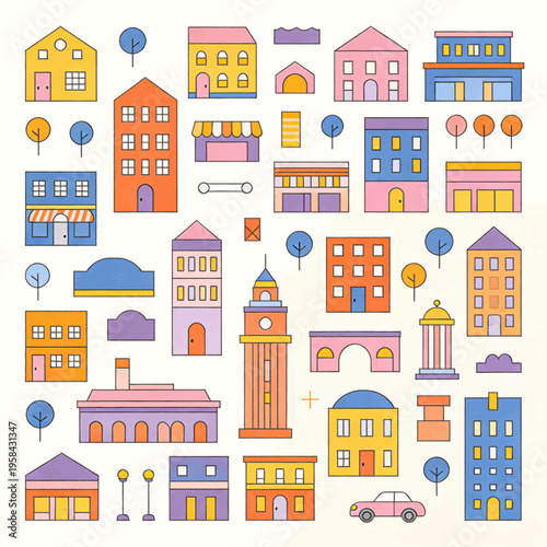 Diverse collection of colorful cartoon buildings and houses in a flat design style with trees and cars on a clean white background simple graphic elements for city or neighborhood map