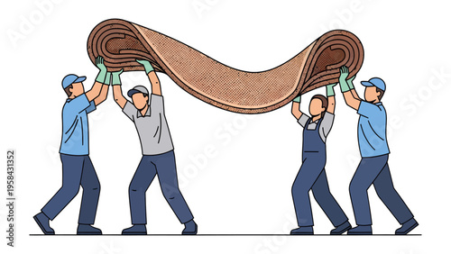 Carpet Installation Team: Four workers collaborate to lift and position a rolled-up carpet, showcasing teamwork and the process of home improvement.