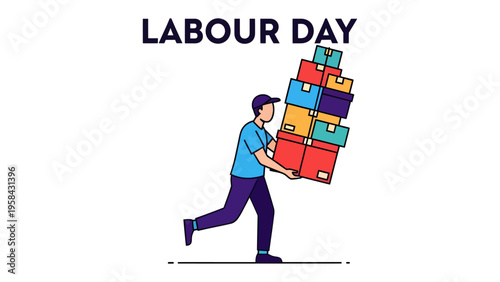 Labour Day Delivery: A dedicated worker diligently carries a towering stack of vibrant boxes, symbolizing the essential labor that powers our world during a Labor Day celebration.