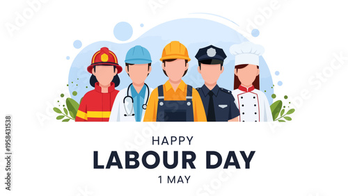 Labour Day Celebration: A diverse group of essential workers come together, symbolizing community spirit and collective effort, in honor of Labour Day.