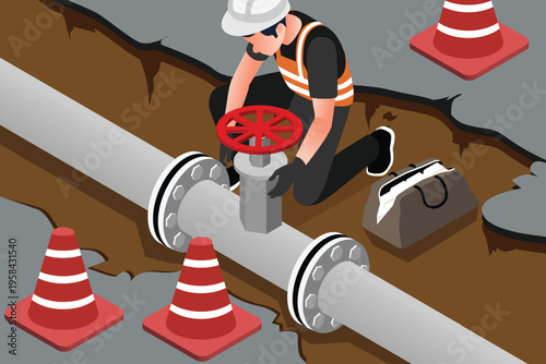 Isometric Technicians repairing underground water pipeline beneath city road to ensure efficient utility service and prevent infrastructure disruption, suitable for digital asset about pipeline