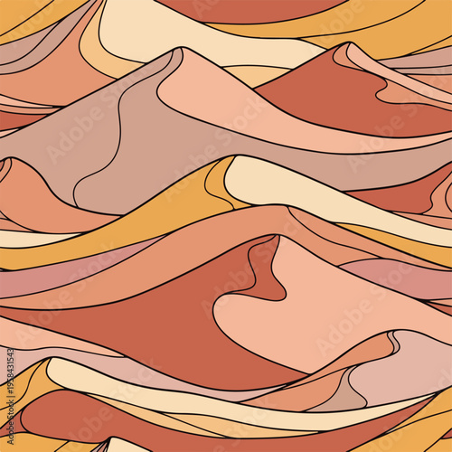 Abstract seamless pattern of stylized desert sand dunes in warm earthy tones, graphic illustration