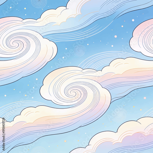 Seamless pattern depicting a vibrant sky with dynamically swirling clouds in soft pastel hues of blue pink and yellow dotted with tiny stars creating a dreamy background for various designs