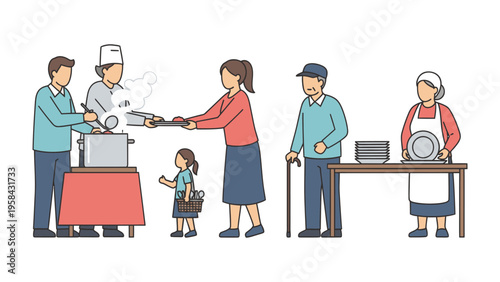 Community Meal Service: A group of volunteers serve warm meals to individuals from diverse backgrounds, fostering a sense of community and support. capturing the spirit of compassion and togetherness.