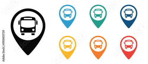 Bus, bus concept vector icons set, map location marker with transport symbol, public transit navigation elements, city travel route indicator, GPS tracking concept, modern flat vector illustration 