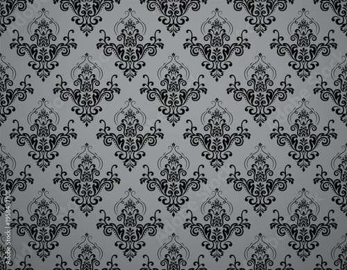 Wallpaper in the style of Baroque. Gray and black floral ornament. Seamless vector background. Graphic pattern for fabric, wallpaper, packaging. Ornate Damask flower illustration