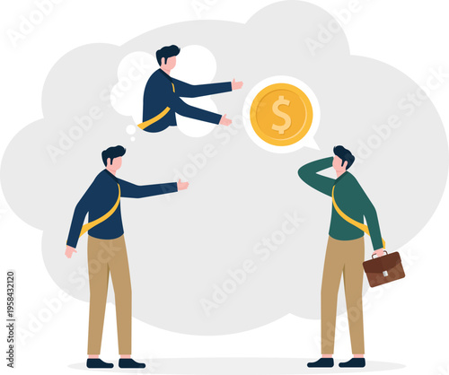 Two businessmen having a discussion with a gold coin bubble representing financial talks