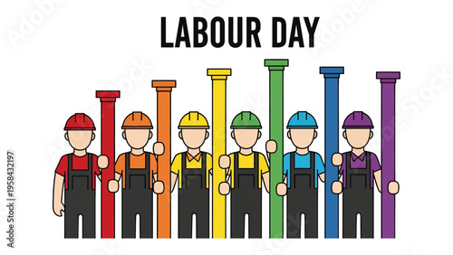 Labour Day Celebration: A vibrant and uplifting illustration of construction workers representing the spirit of Labour Day. Symbols of respect for hard work, unity.