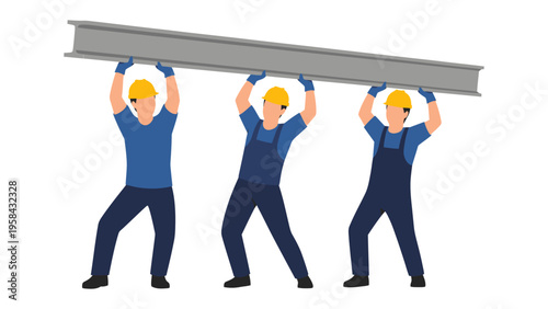 Teamwork in Construction: A group of construction workers, united in effort, lift a heavy steel beam. Emphasizing the strength of collaboration and the dedication of the construction trade.