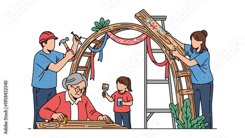Assembling the archway: A multi-generational family works together to build a decorative archway, illustrating the essence of teamwork and shared creativity. 