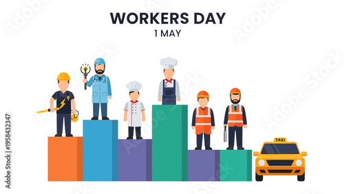 Workers' Day: Celebrating the diverse roles and contributions of workers, with various professions standing proudly on vibrant platforms.