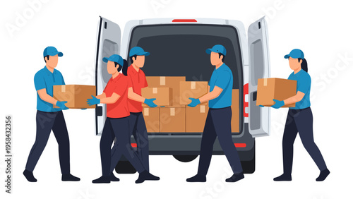 Loading Cargo: A dedicated team loads a cargo van with parcels, showcasing efficiency and teamwork in the transport of goods, Ready for delivery.