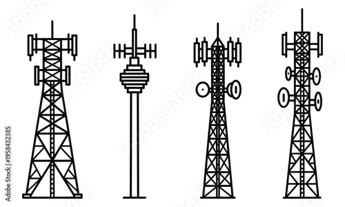 Radio communication tower vector icons showing cellular network transmitter poles