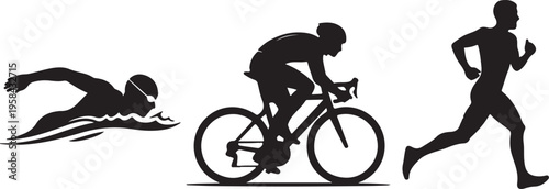 Line art triathlon athletes set showing runner cycling swimmer coach with stopwatch standing front view dynamic action silhouettes training vectorLine art triathlon athletes set showing runner cycling