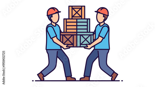 Logistical Partnership: Two figures, clad in hard hats, join forces to hoist wooden crates, epitomizing the spirit of collaboration and efficiency in a logistics environment.