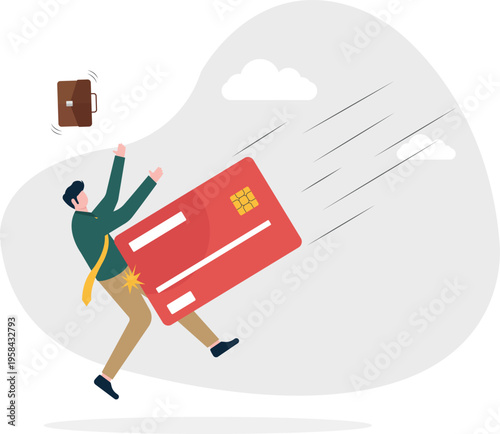 Professional man falling through the air with a red credit card representing debt and spending
