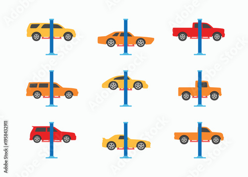 Car lift icons set. Cartoon of cars on service life symbol logo icon collections. Car service repair simple flat color icon vector illustration