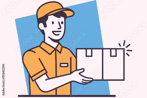 A delivery person in an orange uniform handing over a cardboard package