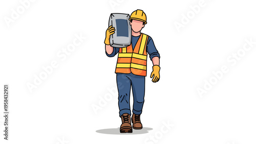 Construction Worker: A construction worker in a safety vest and hardhat, carrying a bag of cement, symbolizing dedication, manual labor, and construction.