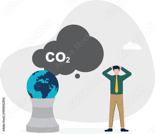 Stressed businessman standing by a globe covered in CO2 smoke representing global warming