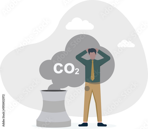 Stressed businessman standing by a factory chimney with CO2 smoke representing environmental impact