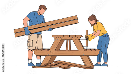 Crafting a Picnic Table: A pair of skilled individuals collaborate to assemble a picnic table, demonstrating hands-on craftsmanship and the joy of creating something together.