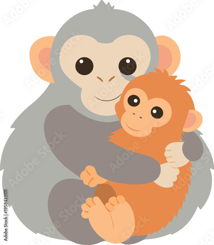 ector Illustration of Cute heartwarming wildlife illustration of a Baby Macaque Hugging Plush Cute Monkey