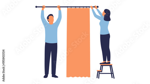 Installing Curtains: Two individuals collaborate to hang a new orange curtain, working together to achieve a shared home improvement goal, demonstrating teamwork and domestic harmony.