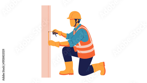 Construction worker measuring: A construction worker, wearing safety gear, precisely measures a wall, emphasizing the focus on accuracy and attention to detail.