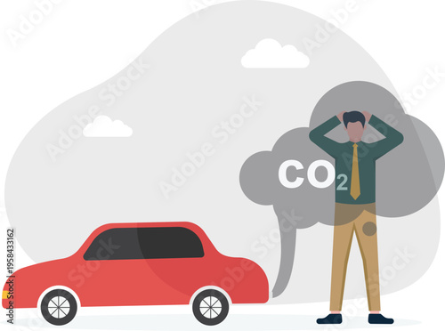 Stressed businessman by a red car with CO2 smoke representing vehicle emissions
