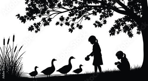 Silhouette children feeding ducks by pond, peaceful nature scene under tree, wildlife interaction, outdoor play, innocence, family moment, countryside tranquility