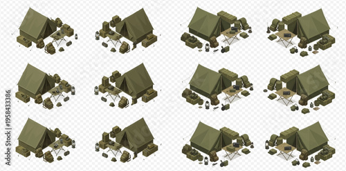 Isometric set of camping tents with campfire and surrounding elements, perfect for game assets or outdoor adventure designs.