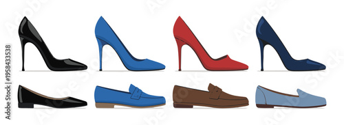Elegant high heel shoes and smart loafers for women in various colors including black blue red and brown