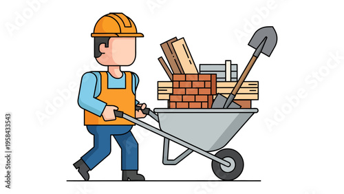 Construction worker with Construction Materials: A construction worker, equipped with a helmet, propels a wheelbarrow laden with construction supplies, including bricks, planks, and a shovel.