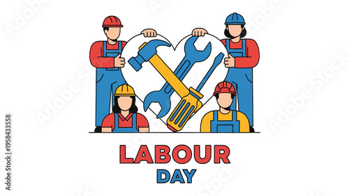 Labor Day Celebration:  A heartwarming visual of diverse laborers collaboratively holding a heart-shaped frame, showcasing essential tools to honor the day's significance. 