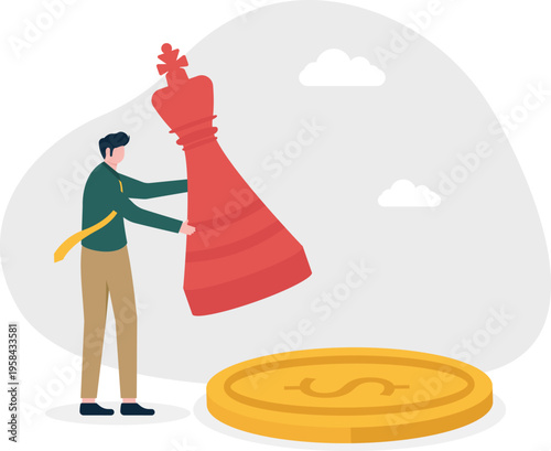Professional man placing a giant red chess king on a gold coin representing strategic investment