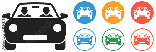 Carpool people car icon set, shared travel and ride sharing concept with group of people inside vehicle, commuting and mobility service symbols, modern flat vector illustration collection for digital 
