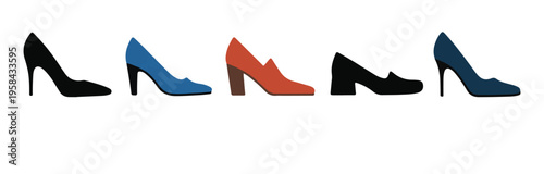 Selection of women's heels and heeled shoes in black blue red and dark blue showcased on white background