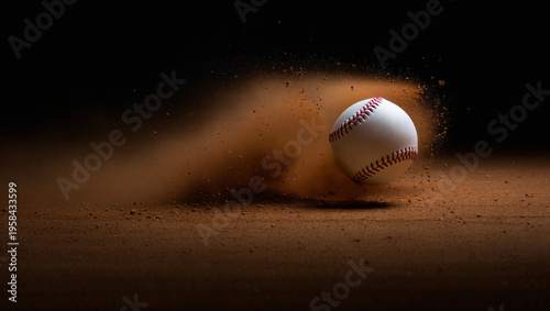 Tableau sur toile Dynamic baseball hitting infield dirt, creating a dust cloud on a dark backgroun