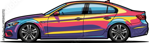 Multi-colored modern sedan profile vibrant family car