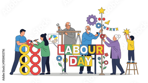 Labour Day Celebration: Illustrative scene where a group of individuals representing different generations work together to build the holiday decorations. Symbolic of the hard work and dedication.
