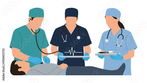Medical Team Assessment: A medical team collaboratively assesses a patient's condition, with each member employing different tools and expertise in a clinical environment. 