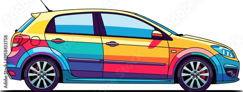 Multi-colored rainbow hatchback car profile