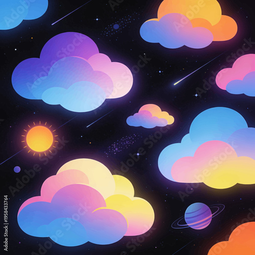 Abstract space background featuring vibrant colorful glowing clouds with planets and shooting stars in dark night sky galaxy scene perfect for cosmic design and celestial atmosphere illustrations